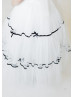 Ivory Black Stripe Ruffle Tulle Illusion Pearl Buttons Back Flower Girl Dress